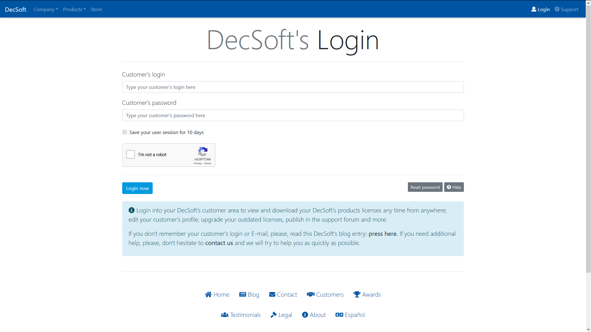 The DecSoft reset customer password form