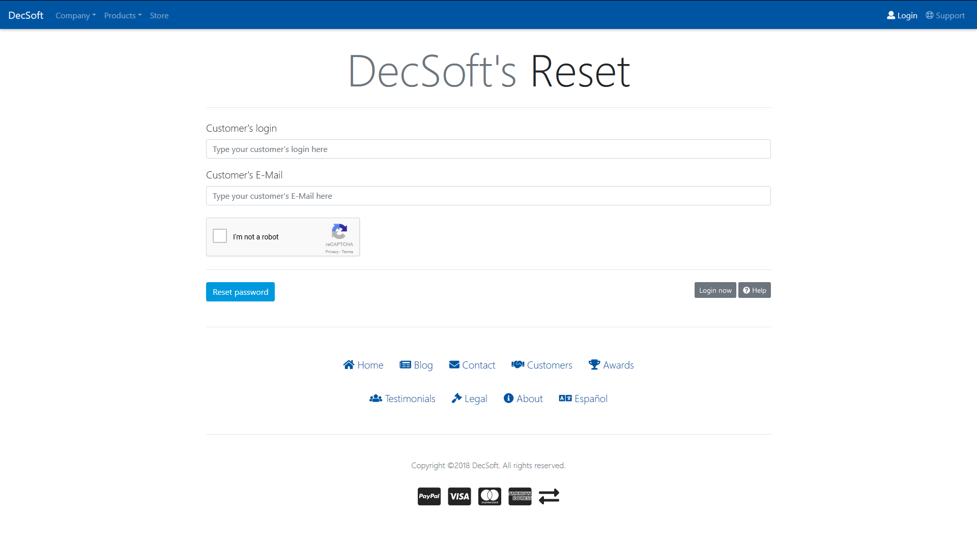 The DecSoft customer login form